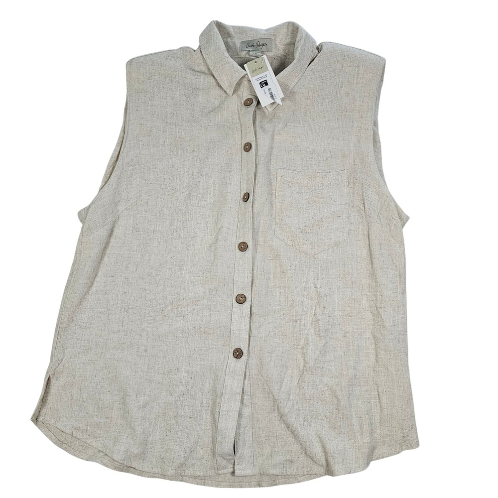 Charlie Paige Womens Linen‎ Blend Sleeveless Button Down Shirt Beige NWT Large